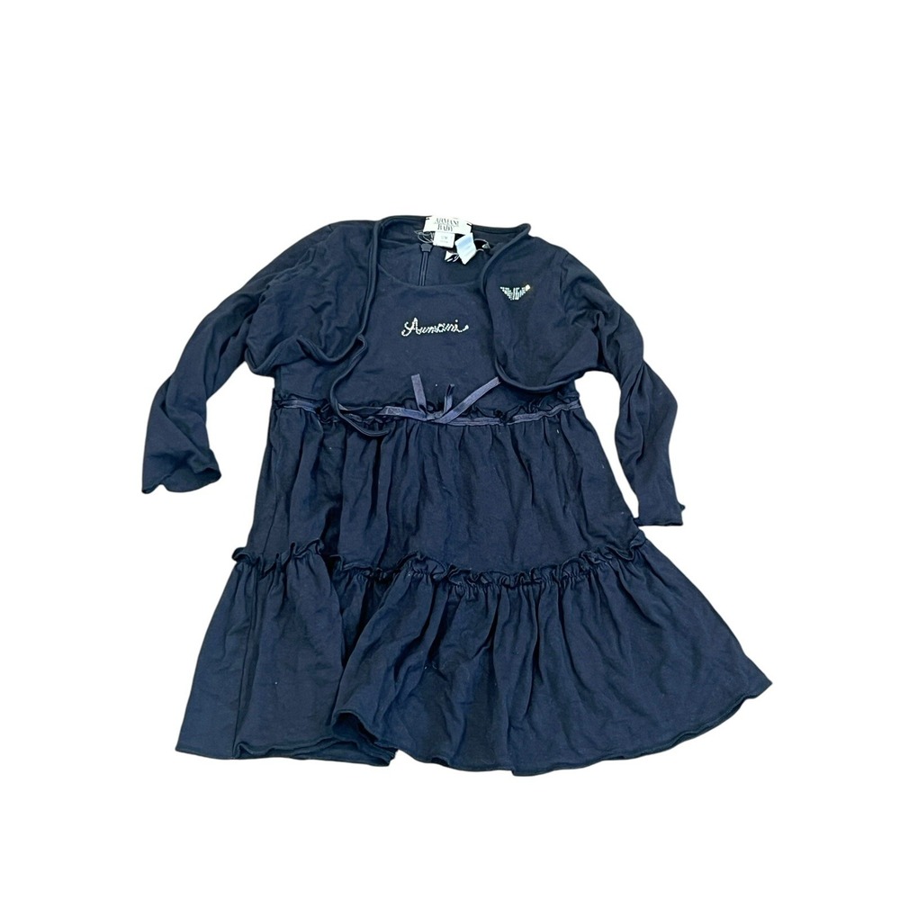 ARMANI BABY NAVY BLUE JERSEY LOGO RHINESTONE SLEEVELESS DRESS & SHRUG 12M